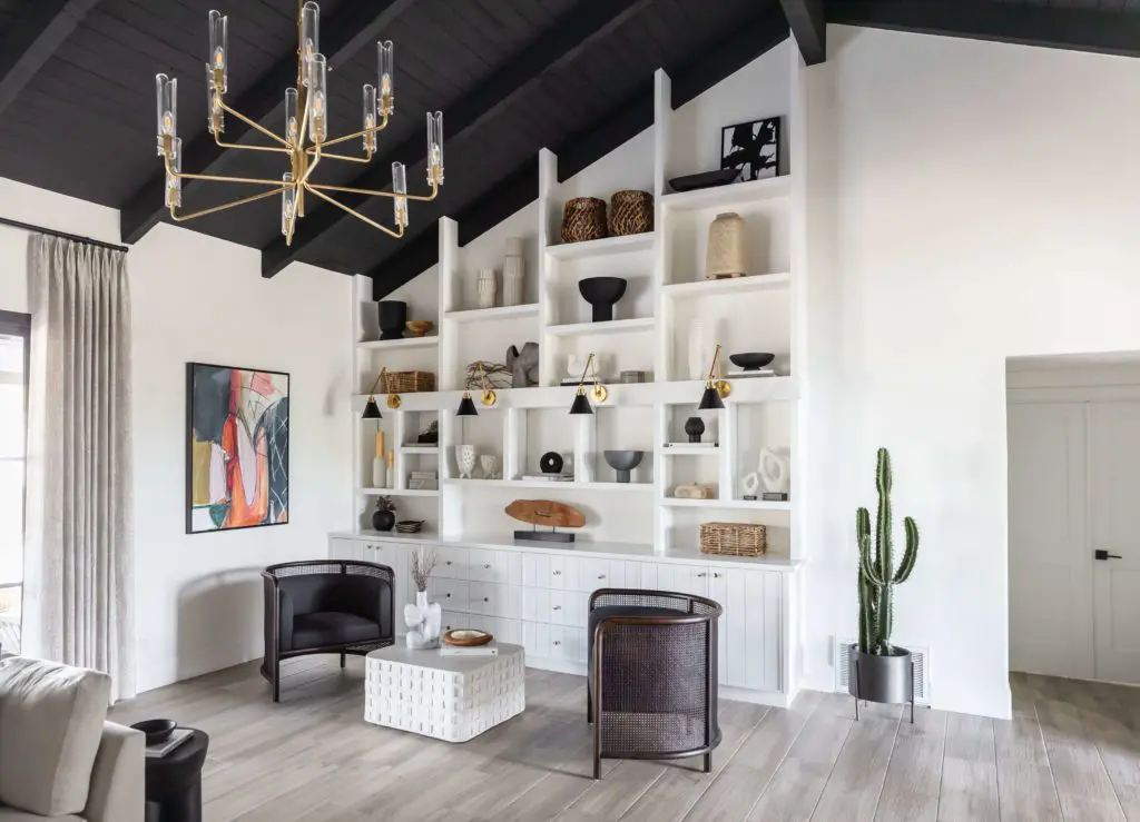 Modern bookshelves and a potted cactus in a Tucson home