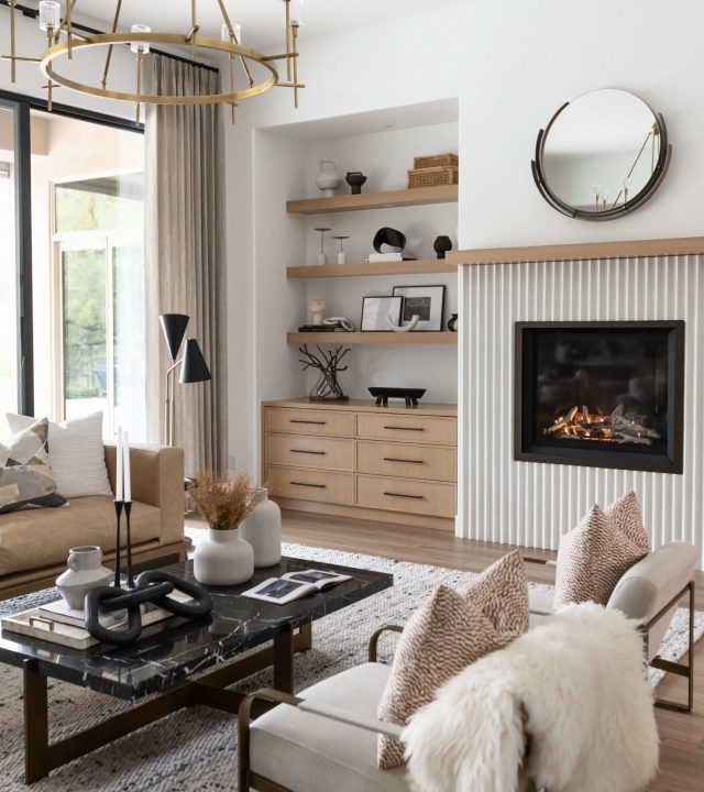 A living room in Flagstaff with modern interior design and a fireplace
